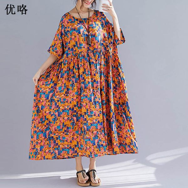

new arrival 2019 plus size summer women dress vintage cotton sundress art printed maxi dress casual loose long 4xl 5xl 6xl, Black;gray