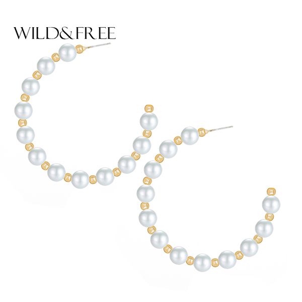 

wild & vintage women pearl hoop earrings simple big circle imitation pearl open earrings charm jewelry wedding gift, Golden