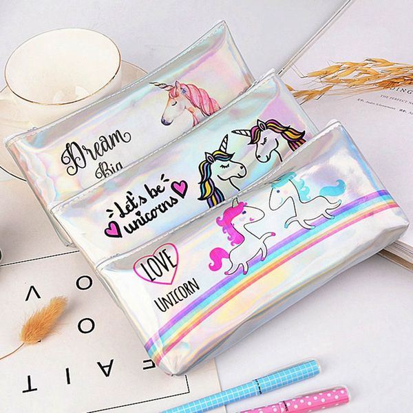 

unicorn pencil case school pencil cases for girls rainbow holographic bag school supplies kawaii stationery children gift