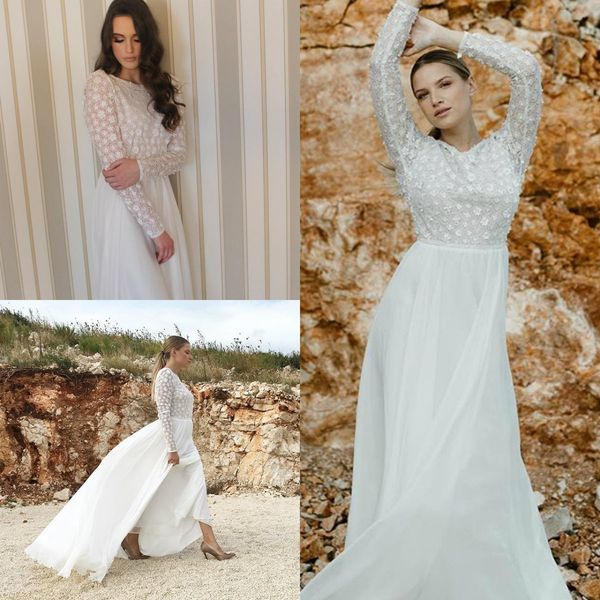 

2019 страна богемный свадебные платья jewel шеи с длинным рукавом кружева шифон свадебные платья сексуальная спинки длина пола линии свадебн, White
