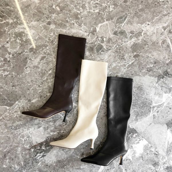 

boots women pointed toe low heel straight shaft knee high boots wide ankle large size zipper winter dress knee, Black