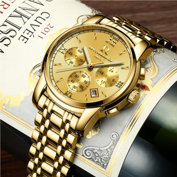 

ontheedge fashion watch men luxury gold full stainless steel men's business watches quartz male clock chronograph reloj hombre, Slivery;brown