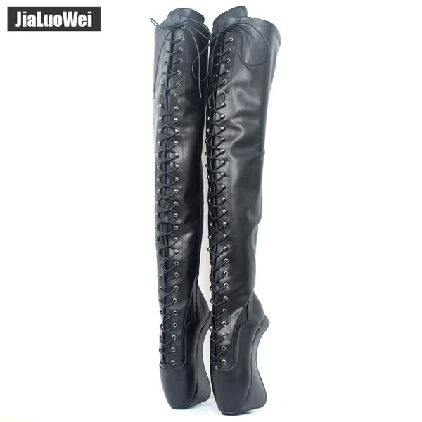 

extreme high heel 18cm/'' heel lace up patent leather ballet boots hoof heelless fetish thigh over-the-knee boots, Black