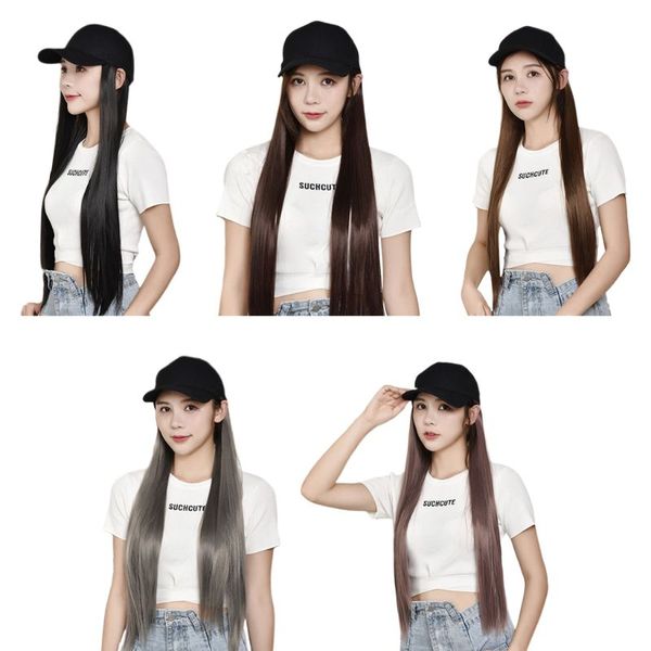 

women long straight wigs synthetic hair extensions with baseball hat cap, Black;white
