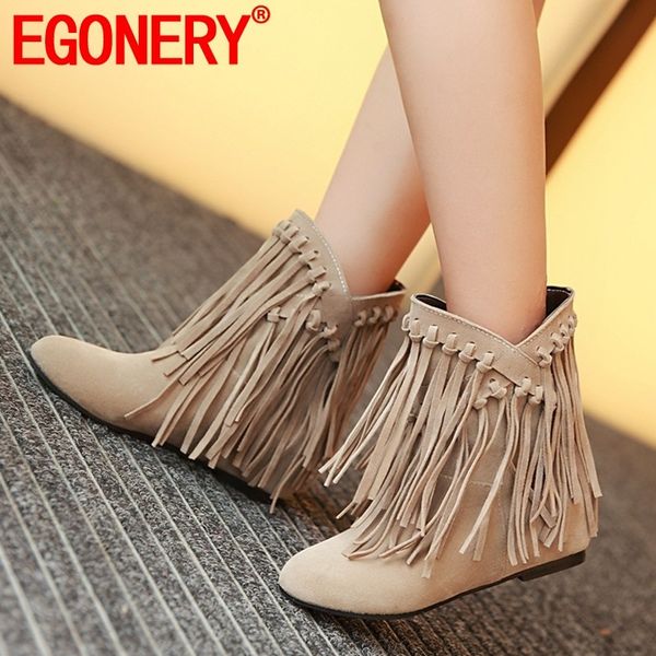 

egonery winter new fashion ankle boots outside warm comfortable fringe round toe slip-on women shoes drop shipping size 33-43, Black