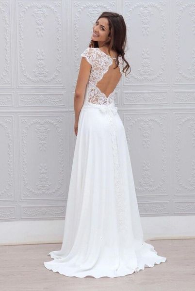 

jewel neck simple white chiffon beach wedding dresses 2020 a line backless floor length chic cap short sleeves lace bridal gowns cheap