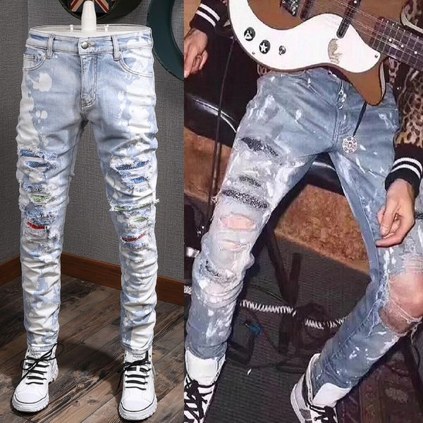 

blue crystal rhinestone trim fit denim jeans men distressed patches