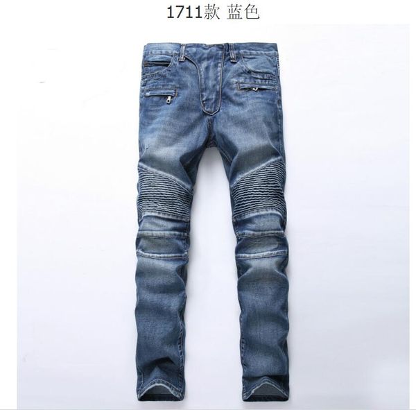 

2017 new style #17# fear of god mens distressed embellished ribbed stretch moto pants biker jeans slim trousers size 28-42, Blue