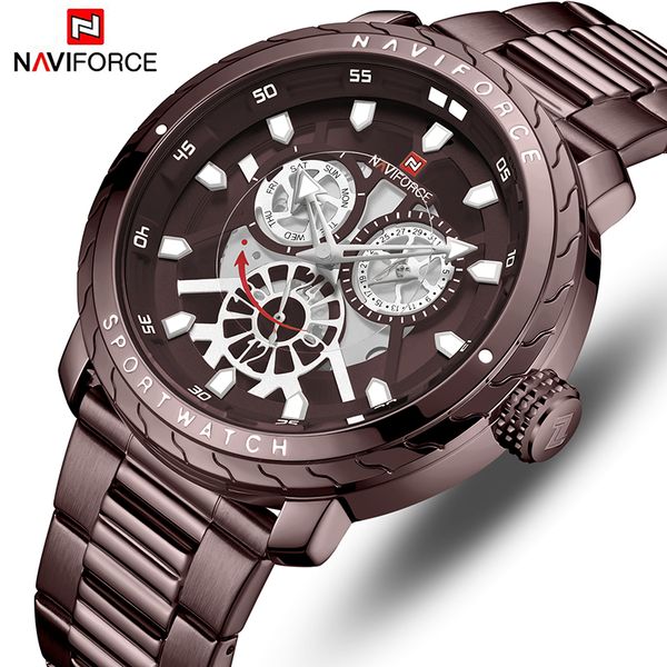 

naviforce mens watches fashion casual quartz wrist watch men full steel sports waterproof clock relogio masculino, Slivery;brown