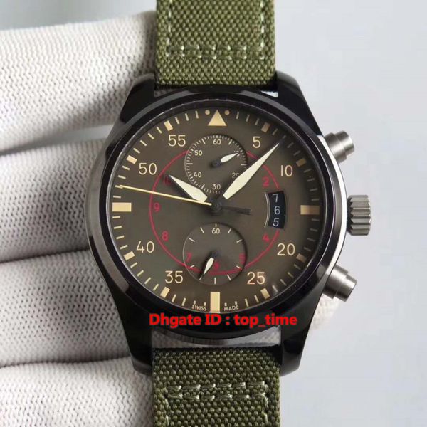 

watch 46mm pilots ceramic eta7750 automatic chronograph mens watch iw388002 ceramic case charcoal gray dial nylon strap gents watches, Slivery;brown