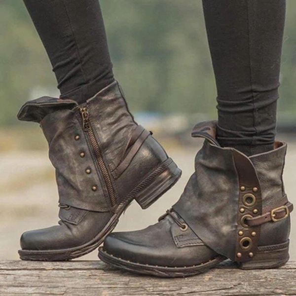 

oeak winter ankle short boots women boots zippers buckle rivet pu leather low chunky heel shoes woman bota feminina, Black