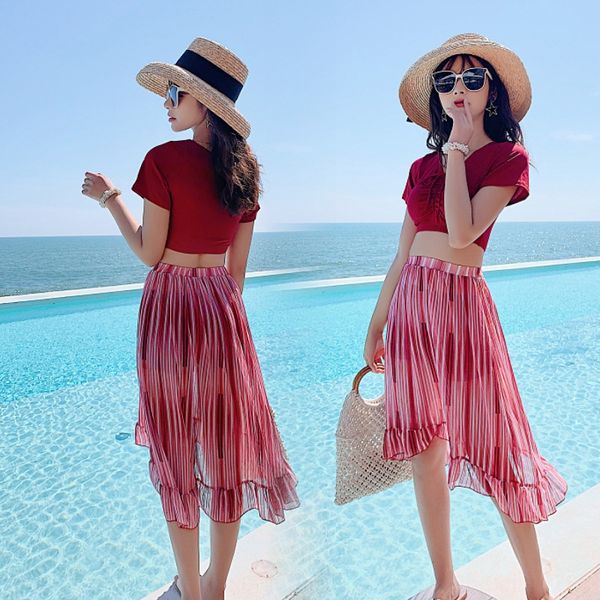 

k8irp 2020 split three-piece skirt swimsuit beach skirt swimsuit female ins beach dress super immortal conservative slim belly-covering, White;black