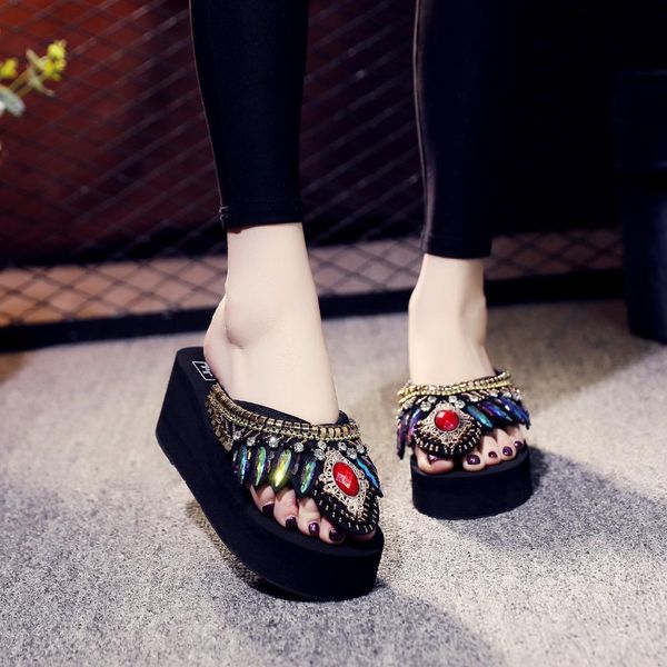 

diamond flip-flops female new fashion wear thick bottom summer out joker korean version of high beach slippers, Black