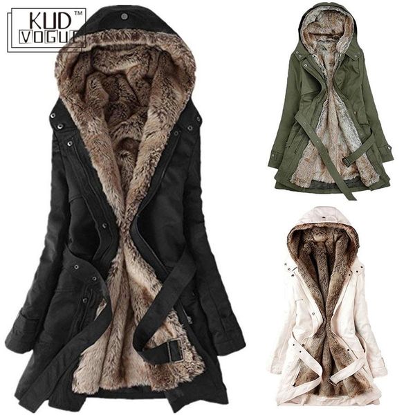 

ladies fur lining coat womens winter warm thick long jacket hooded parka 2018 us y190926, Black;white