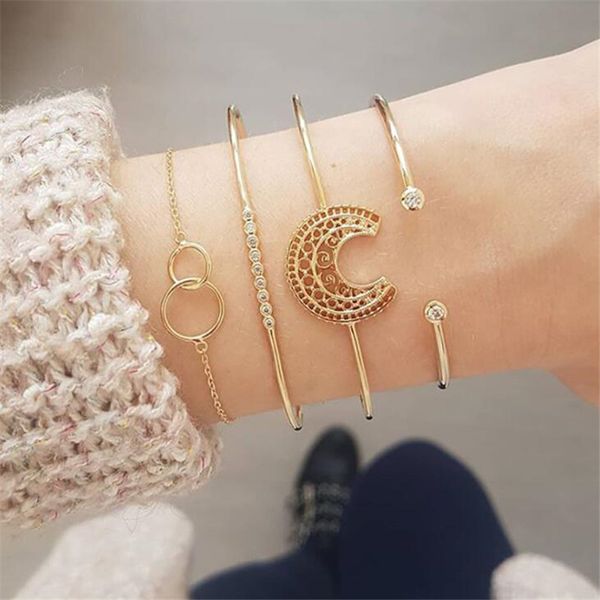 

diezi vintage fashion gold color cuff bangle for women rhinestone moon chain bracelets set 2019 new girls gift bracelet jewelry, Black