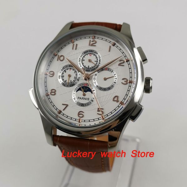 

44mm white dial gold pointer moon phase week and date multifunction automatic self-wind movement men's watch-pa19, Slivery;brown