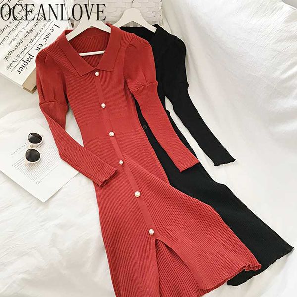 

oceanlove solid knitted sweater dress women 2020 spring autumn button bodycon dresses korean ins new stretch vestidos 13794, Black;gray