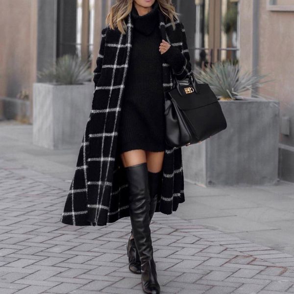 

women winter korean style black long plaid tweed trench coat 2020 ladies fashion wool blend windbreaker clothes