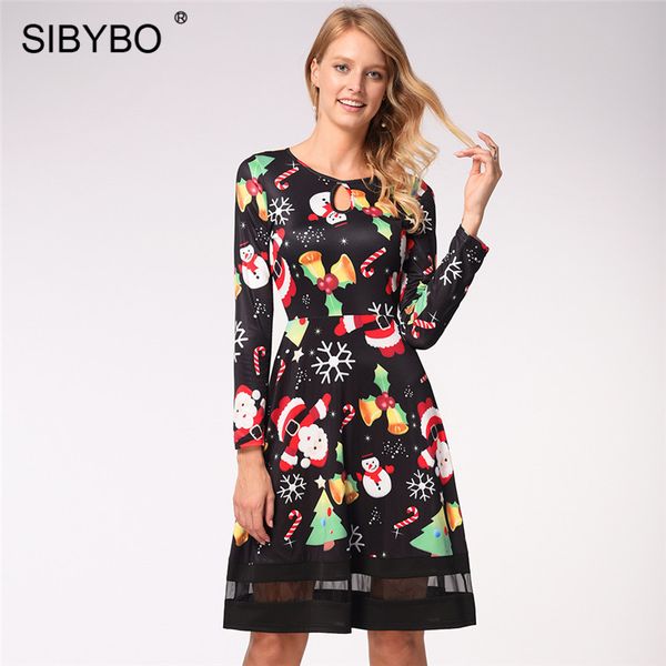 

casual dresses sibybo winter long sleeve spliced christmas dress women hollow out print loose a-line autumn elegant party, Black;gray