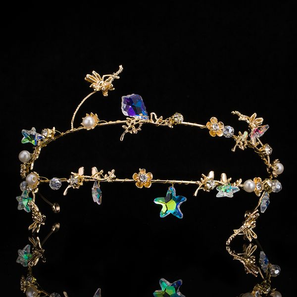 

vintage crystal colorful stars hair accessories headband gold rhinestone tiaras crowns queen pageant prom wedding hair jewelry, Golden;white