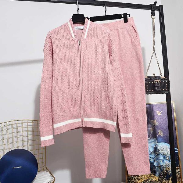 

korean casual sports tracksuit women knitted sweater long pants two piece set loose pink knit cardigan trousers female outfits, White