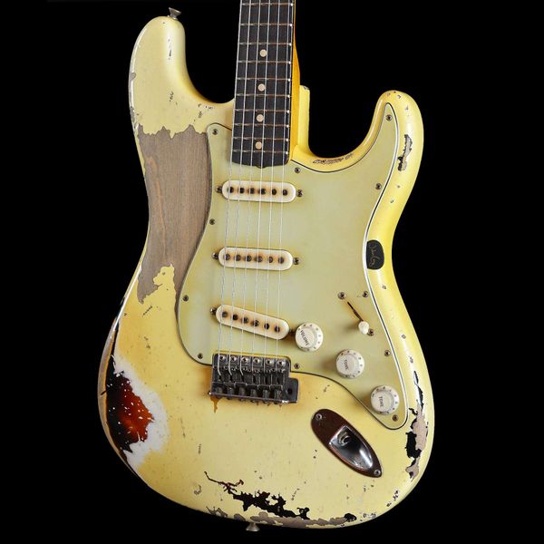 

custom masterbuilt john cruz 1961 pin-up st heavy relic olympic white over 3 tone sunburst electric guitar alder body, rosewood fingerboard