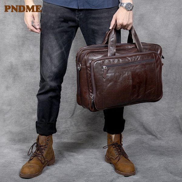 

pndme genuine leather men's large capacity briefcase retro simple computer bag business soft cowhide messenger bags