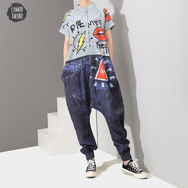 

2019 romper style korean short sleeve denim harem polyester jumpsuit letter pattern printed lady big size hippie loose overalls 3576, Black;white