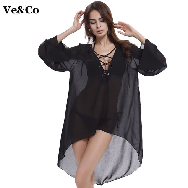 

ve&co pareo beach cover up 2018 long sleeve irregular chiffon bikini cover up swimsuit women summer beach tunic dress beachwear, Blue;gray