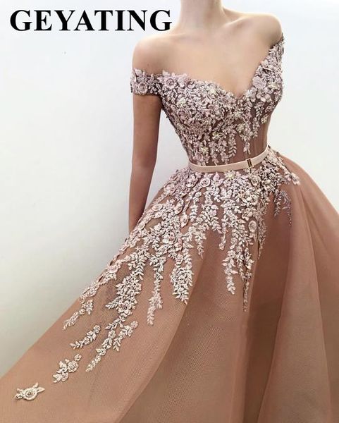 

elegant off the shoulder tulle champagne evening dress 2019 long appliques beaded 3d floral prom dresses women formal party gown, White;black