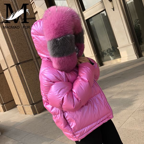 

down jacket women real big fur collar silver jacket warm coat double sided shiny hooded, Black