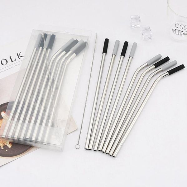 

stainless steel straw with silicone cover pvc box curved straight straw with cleaning brush drinking for bar home an2966