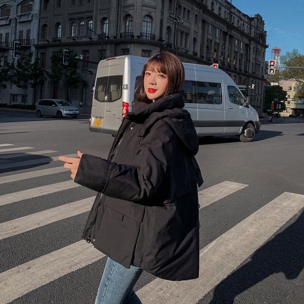 

fashion winter jacket women full sleeve hooded pocket thick warm cotton parka donna casual long coats female manteau femme 2019, Black