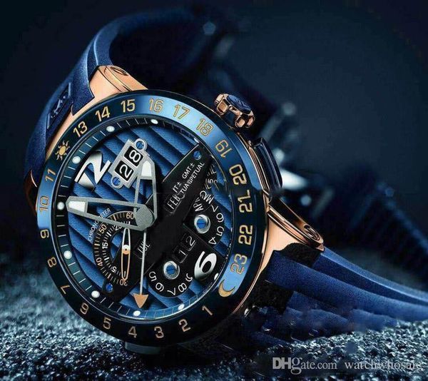 

2019 newly ulysse executive el toro/black toro perpetual calendar gmt rose gold blue dial blue rubber automatic mens watch un-17c3, Slivery;brown