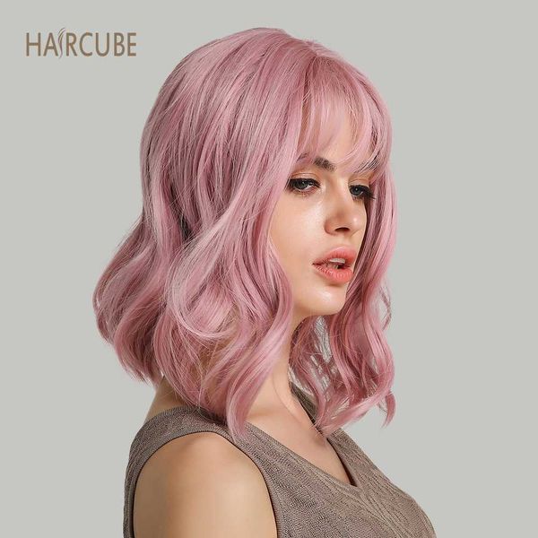 

haircube 14" synthetic hair pink colors short water wave wigs for white/black women heat resistant fiber daily full false hair