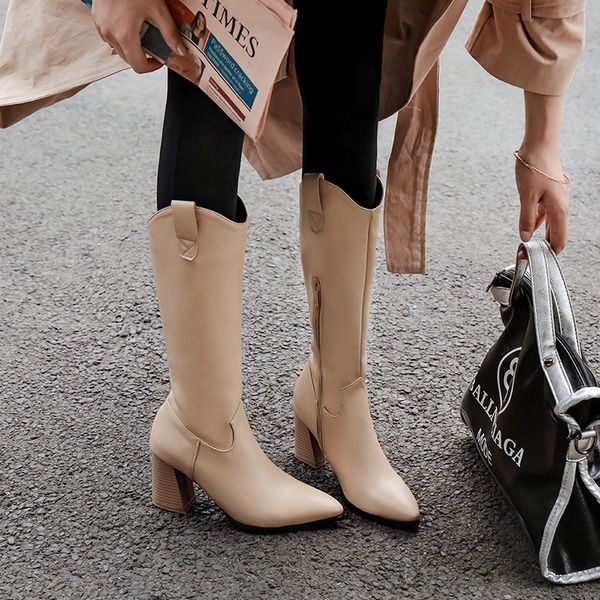 

large women's shoes 32-48 chivalrous boots women's boots high heels leather thick heels knee high, Black