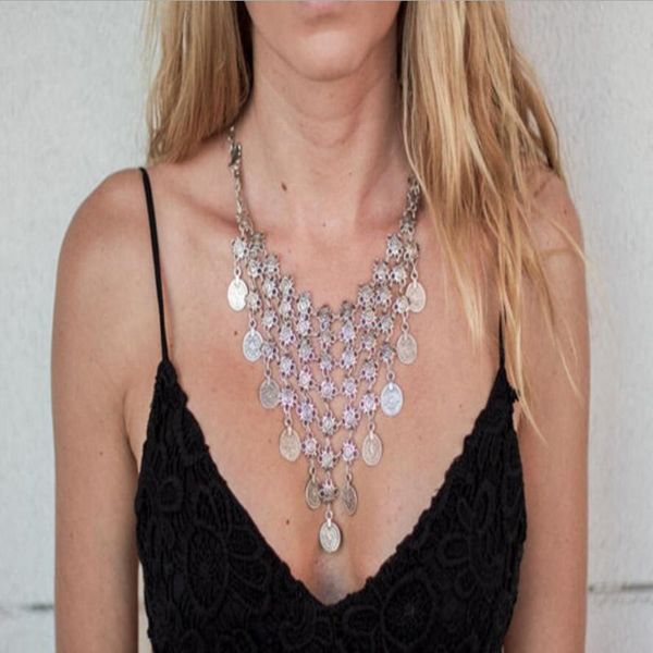 

coin necklace choker necklace carve statement necklaces pendants jewelry women bohemian style long tassel, Silver