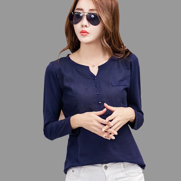 

t-shirt women cotton patchwork button 2019 autumn and winter long sleeve female tshirt v-neck casual tee shirt femme, White