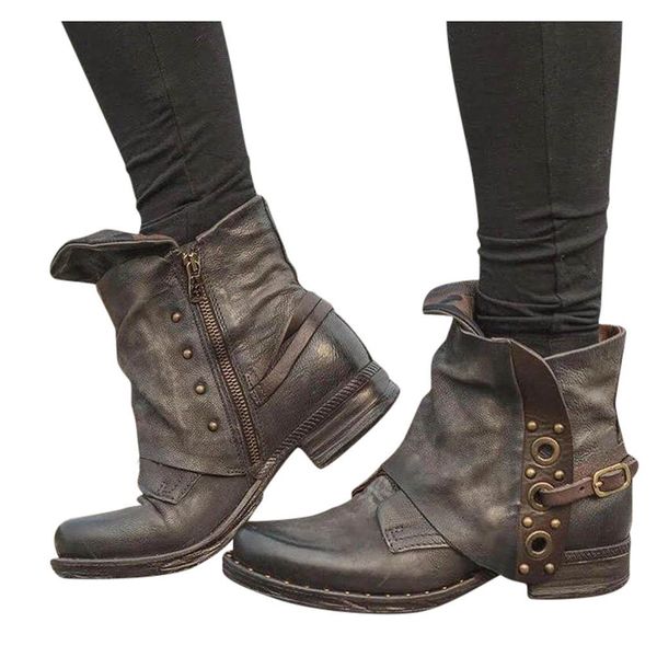 

large size cowboy boots for women leather shoes buckle ankle boots heel side zipper casual shoes ankle punk woman flexible, Black