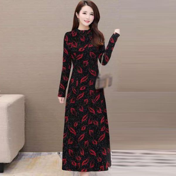 

women casual slim dress autumn winter round neck long sleeve floral printed plus size autumn ladies dress, Black;gray