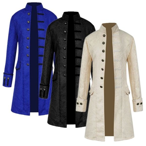 

steampunk jacket medieval costume trench coat men long sleeve gothic brocade jacket frock coat vintage stand collar men's, Tan;black