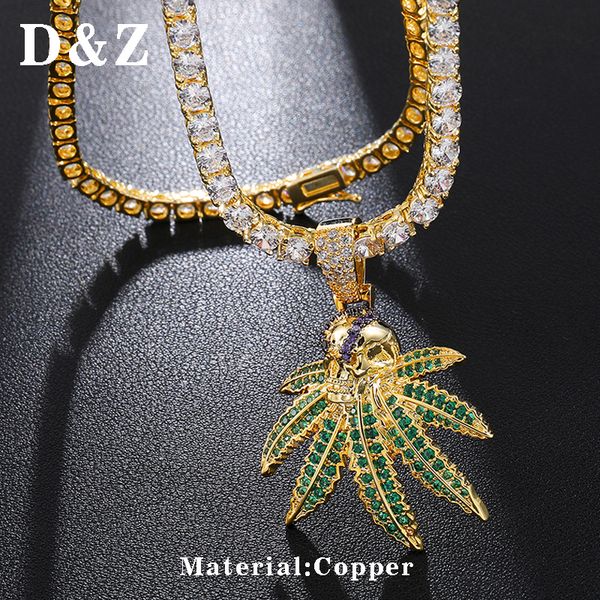 

d&z bling iced out cz smoking skull leaf pendant necklace for men hip hop fashion jewelry accessories, Silver