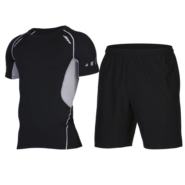 

men's compression run jogging suits clothes body building sets short t-shirt and pants gym fitness workout tights clothing 2pcs, Black;blue