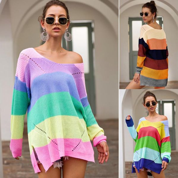 

knitted women sweater hoodies rainbow patchwork sweatshirt autumn long sleeve sweaters pullover loose sweatshirts girls knit blouse clothing, White