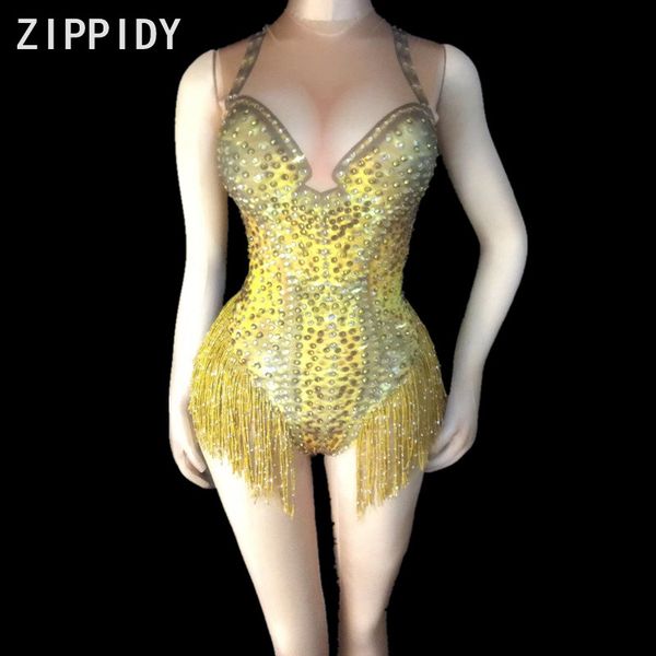 

gold tassel full rhinestones nude bodysuit women's one piece stretch outfit nightclub dance wear female singer show outfit, Black;red