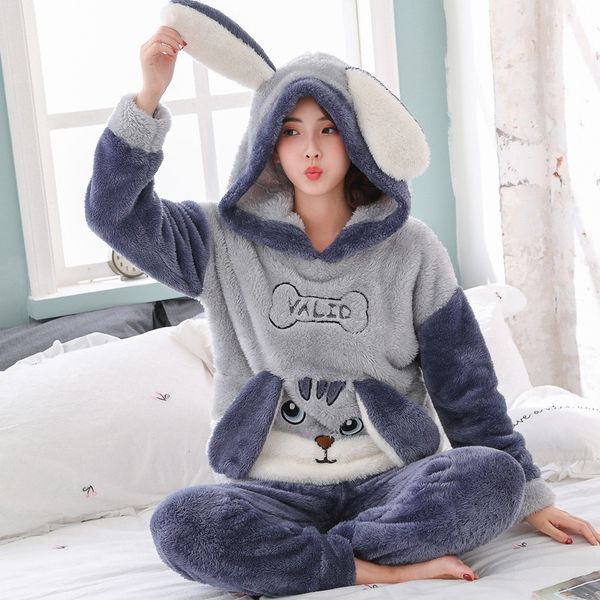 

jinuo new product cute cartoon character women winter coral fleece pajama sets young ladies warm lovely soft home wear sleepwear, Blue;gray