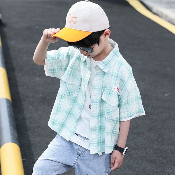 

boys' short-sleeved 2020 boys' sunscreen fashionable children's plaid coat shirt shirt fashionable coat, White;black