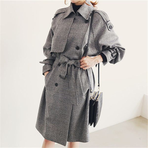 

women trench coat lattice fashion matching belt 2019 autumn long england korean temperament street plus size woolen outwear, Tan;black