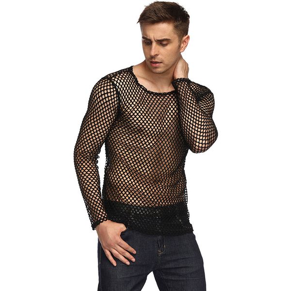 

New Men's Mesh Fish Net Clothing sexy Long sleeve perspective mesh men's t-shirt