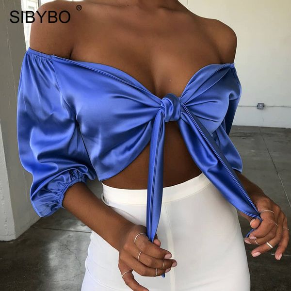 

sibybo завязывают без бретелек сексуальный топ женщин половина рукава с плеча лето футболка женщины спинки свободного покроя топы, White